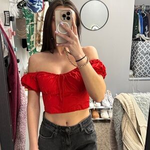 Zara Vibrant Red Puff Sleeve Crop Top